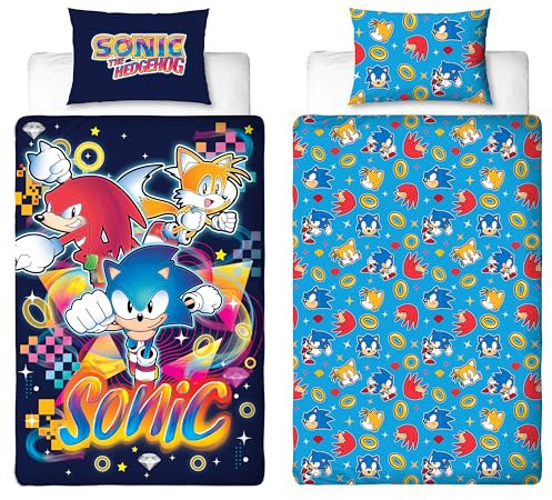 Juego de Funda de edredón con diseño de Sonic The Hedgehog para Cama Individual, Doble Cara, Reversible y con Funda de Almohada a Juego