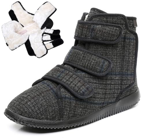 Chaussons Montants en Feutre Femme Hiver Chaud Diabétiques Bottes Chaussures en Coton Doublées de Peluche Réglables pour Pieds Enflés Women Black 37