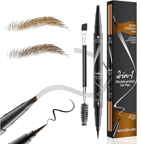 2 Pezzi Matita Sopracciglia 2-in-1 con Effetto Microblading & Pennello, Punta a 4 Denti per Sopracciglia Naturali, Resistente all'Acqua & Anti-Sbavature Durata Prolungata