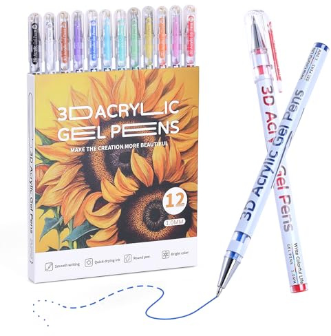 KEMYR 3D Acrylic Gel Pens, 12 Vibrant Colours Paint Markers With 1.0mm Bullet Tip, Acrylic Paint Pens for Black Paper, Stone Painting, Glass, Wood, Fabric, Cards, Scrapbook, DIY Art Crafts