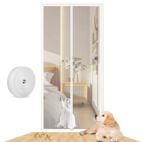 Cat Door Screen, 90X210CM Reinforced Cat Resistant Mesh creen Door, Heavy Duty Fly Curtain Pet Screen Door with Zip, Prevent Dogs Cats Running Out from Living Room, Bedroom, Patio