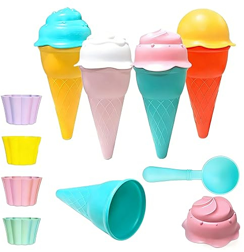 13 Piece Ice Cream Beach Set ,Sand Toys Beach Toys for Kids , Icecream Bath Toy, Kids Travel Toys -Ice Cream Mould Set With Cones Scoop And Tubs