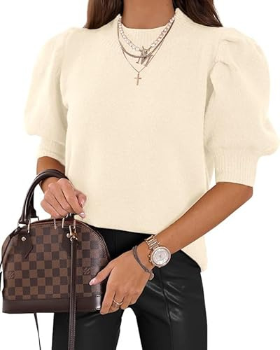 Saodimallsu Jersey de manga corta para mujer, cuello redondo, camiseta de verano ligero de punto, manga abullonada, elegante, blusa elástica, parte superior monocolor, sudadera básica, crema, S