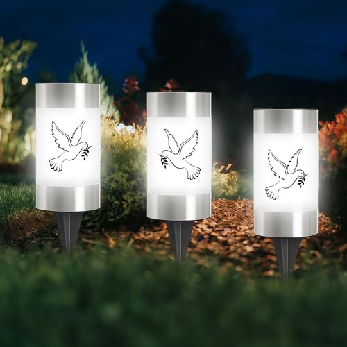 BORDEAG Lanterne funéraire solaire LED - Colombe - Lanterne funéraire avec pointe de terre avec 3 autocollants - Pour décoration funéraire en plein air - Éclairage extérieur
