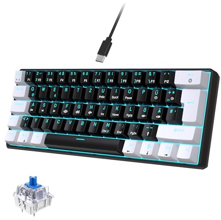 ELLOTECH Mechanische Gaming-Tastatur 60%, QWERTZ (DE Layout), 62 Tasten, Blaue Schalter, RGB/Blau LED-Beleuchtung, Kabelgebunden, Anti-Ghosting, Kompakt für Gaming – Schwarz/Weiß
