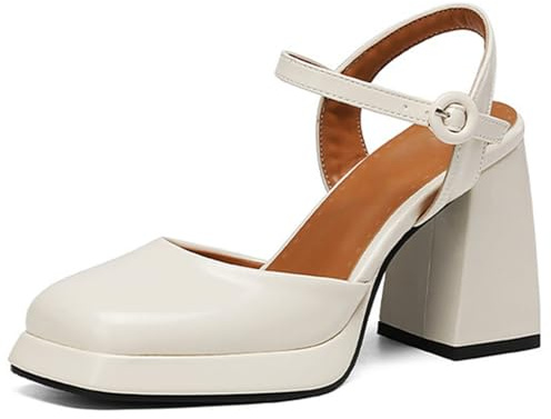 Scarpe Mary Jane con Plateau, Punta Quadrata con Tacco a Blocco 9cm, Taglie Estese Disponibili,Bianca,35 EU