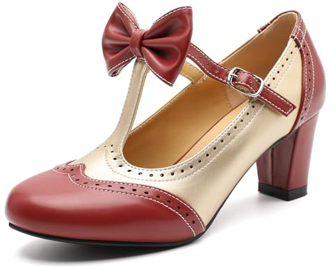 Rjclyh Women's T-Strap Mary Jane Pumps, Bow Two Tone Block Heel Dress Shoes
