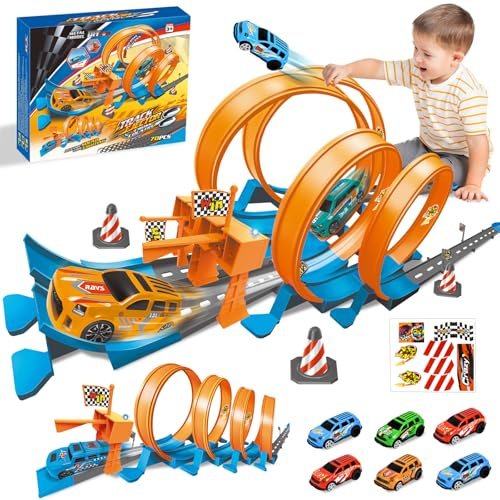 Ulikey Pista de Coches Niños, 76 Piezas Circuito Coches Juguete con Luces y Sonido, Pistas de Carreras Cars con 4 Loopings y 6 Vehículo, Juegos Educativos, Regalo Ideal para Niños y Niñas 3+ Años