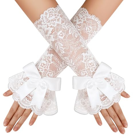 Avidlove Women Fingerless Lace Gloves Ruffle Bow Lolita Wrist Gloves Costume for Cosplay Wedding Opera Evening Tea Party