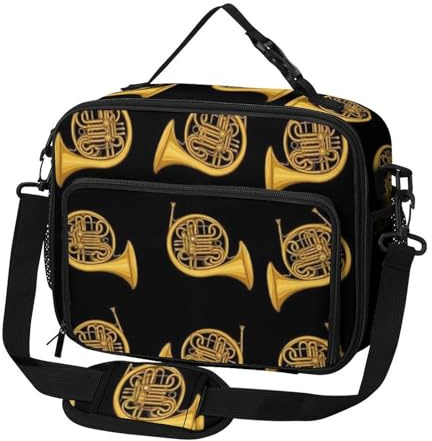 VAFZASC Lunch Box for Women Men, Large Capacity Insulated French Horns Gold Musical Instrument Black Lunch Meal Bag with Adjustable Shoulder Strap, Cooler Tote Bag for Work Office Picnic