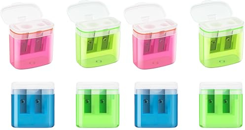 JEFURE Pencil Sharpeners with Container, 4 Pcs, Dual Holes, 4 Colours (Pack of 2)