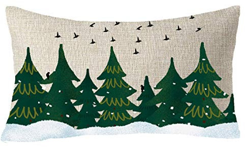FELENIW Happy Winter Snowflakes Let It Snow Forest Tree Birds Merry Christmas Baumwollleinen Dekorativer Kissenbezug Lendenwirbelsäule 30,5 x 50,8 cm