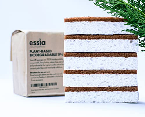 Essia Natural Plant Based Scrub Sponge 5 Pack | Palm Fibre ECO Sponge | 100% Biodegradable Vegan Sponges | Dishwashing Kitchen Sponge | Compostable Sponge
