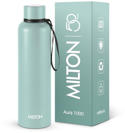 Milton 34 oz Stainless Steel Water Bottle 1 Litre, Vacuum Insulated Flask Keep Drinks Hot or Cold for 24 hours, Leak Proof, Metal Bottle for Sports, Gym, Travelling, Aura 1000, Grey