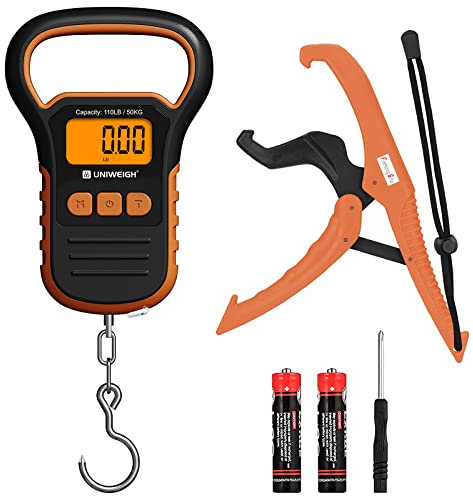 UNIWEIGH Digital Fischwaagen 110lb/50kg mit Lippengreifer,Gepäckwaage,Hängewaage mit LCD/großem Griff/Tara-Funktion,Wasserdichte Fischwaage,Paketwaage mit Maßband,inkl.Batterie-Orange