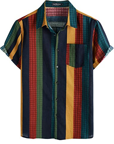 LucMatton Herren Leinen Traditionelles Muster Druck Kurzarm Button Down Hawaiihemden, Mehrfarbig gestreift, XXL