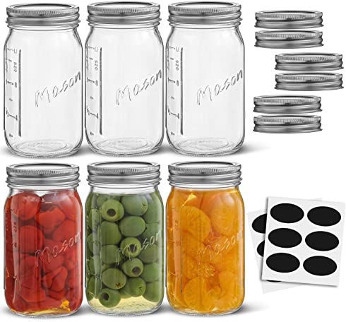 16 Oz Mason Jars With Lids, Labels and Measures! 6-Pack Regular Mouth Mason Jars, Glass Jar with Lid and Band. Airtight Canning Jars, Overnight Oats Jars, Salad Jars, Sourdough Starter Jar
