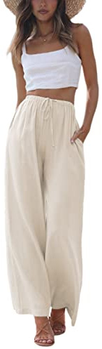 Faleave Women's Cotton Linen Summer Palazzo Pants Flowy Wide Leg Beach Trousers with Pockets(Apricot-M)