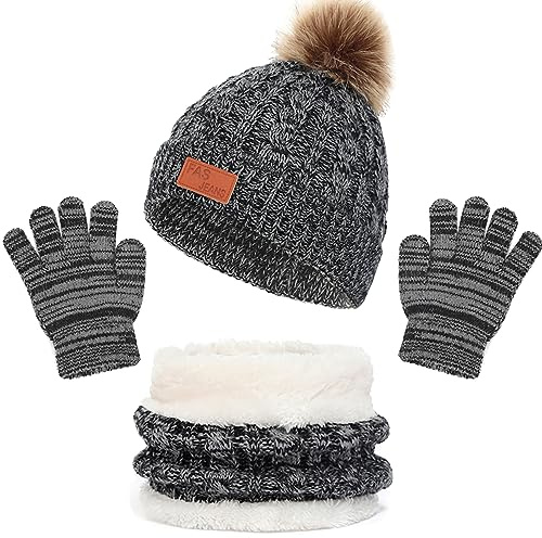 Baynetin 3Pcs Kids Winter Beanie Hat Scarf Gloves Set for 2-8 Years Old Boys Girls Winter Accessories Sets for Children Outdoor Sports, Knit Thick Warm Fleece Lined Thermal Sets