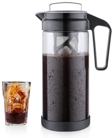 wedrink Cold Brew Coffee Maker Iced Cold Coffee Tea Brew Maker with Removable Glass Mesh Filter Leakproof Lid Coffee Tea Maker 44oz/1.3L