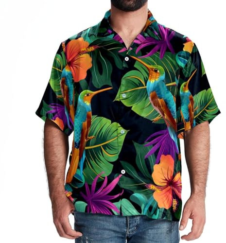 FNETJXF Hawaii-Hemd für Herren, kurzärmeliges Button-Down-Hemd, Herren-Hawaiihemd, moderner tropischer Dschungel, Paradiesvogel, Monstera-Blume, Muster 1290, M