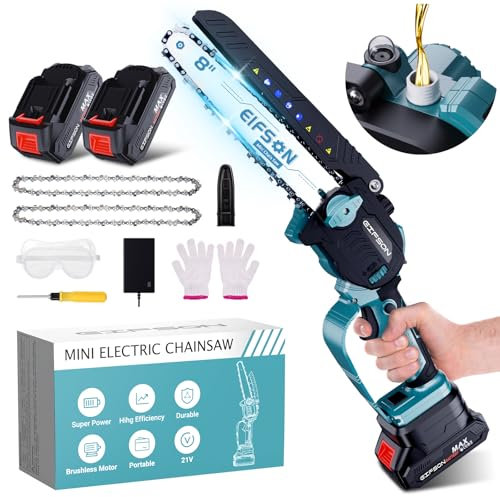 Tronconneuse à Batterie 8 Pouces, Mini Tronconneuse Sans Balais avec 2x4000 mAh Batterie,2 Chaîne, 2200W Brushless, Vitesse de chaîne 0-28M/S Tronçonneuse électrique, Idéal Extérieur & Jardinage