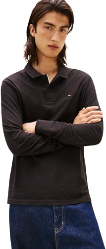 Tommy Jeans Men's Long Sleeve Slim Placket Cotton Polo Shirt, Black (Black), XL