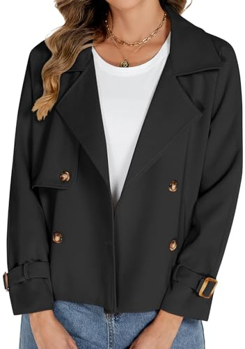 Tuopuda Trench Donna Corto Giubbotto Giacca Primaverile Autunnale Doppiopetto Classico Antivento Trench Coat Maniche Lunghe Trenchcoat Cappotti Mantello Windbreaker Giacche con Tasche, Nero, L