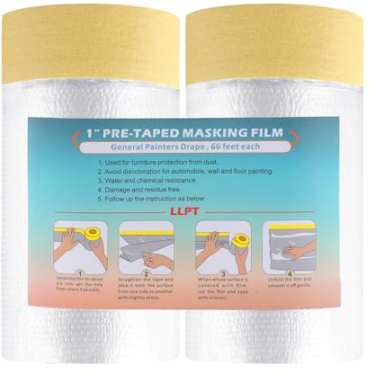 LLPT Tape and Drape Pre-Taped Masking Film 2 Packs-65cm(Unfolded) x 20m | Beige Washi Versatile Painter's Plastic Dust Sheets for Auto Wall Furniture Painting and Spraying Protection