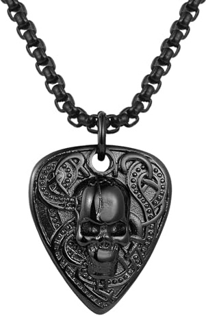 Flongo Collier médiator de guitare pour homme : pendentif tête de mort doré punk rock en acier inoxydable avec option de gravure - Chaîne de support de médiator de guitare personnalisée - Cadeau de