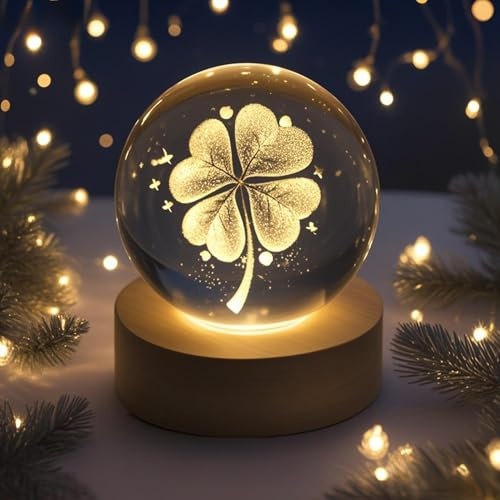 ASOFTY Bola de cristal con forma de trébol de cuatro hojas, bola de cristal con base de madera, trébol de la suerte, bola de cristal decorativa para decoración del hogar, adultos o niños