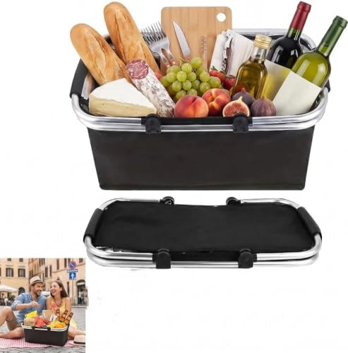 Vikbar, shoppingkorg med kylfunktion, termo som picknickkorg, bärkorg, kylbox bärbar med vadderade handtag, för shopping, resor, picknick, (svart)