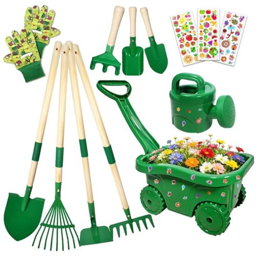 Schubkarre für Kinder, 13 Gartenwerkzeug Set für Kinder, Gartenset mit Schubkarre Kind, Kinderschubkarre mit Schaufel, Rechen, Gießkanne, Handschuhe, Sticker, Gartengeräte Garten (Grün)