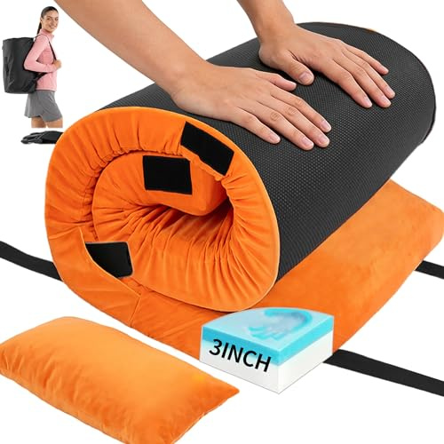 RAIWORUP 3 Inch Memory Foam Camping Mattress Pad, Dual Layer Thick Sleeping Camp Mat for Sleepover Car Tent, Orange Single Portable Roll Up Mattress for Adults with Travel Bag