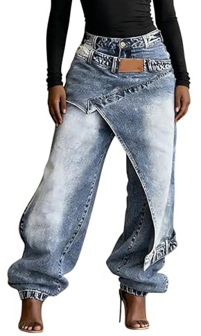 HUYTBYG Överlappande jeans dam säckiga jeans med låg midja Y2K pojkvän brett ben hiphop asymmetriska byxor tvättade streetwear byxor lös passform denim byxor klassiska cowgirls byxor för semester