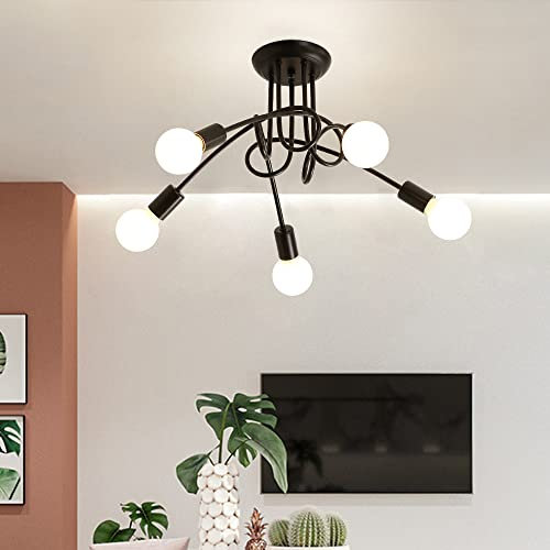 Riserva Plafoniera Soffitto Industrial, 5-Luci Lampada da Soffitto Moderna, E27 Lampadario da Soffitto Nero in Metallo per Soggiorno, Sala da Pranzo, Camera da Letto, Cafe