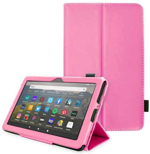 TECHGEAR Custodia in Pelle Disegnato per Amazon Fire HD 8 / HD 8 Plus 2020, Cover di Alta qualità in PU Pelle con Supporto e Cinturino a Mano e Funzione Auto Svelgia [Rosa]
