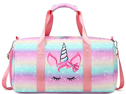 Dance Duffle Bag Girls Unicorn Kids Sports Gym Bag with Shoe Compartment & Wet Pocket Sleepover Overnight Weekender Travel Bag