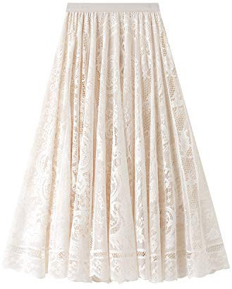 e-girl Jupe Trapèze Dentelle Fleurie Midi Femme,Taille Unique | Ceinture élastique froncée, dentelle brodée transparente, motifs floraux, silhouette A-line, bordure festonnée