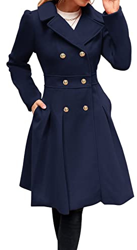 GRACE KARIN vintertrenchcoat, dam, lång puffärm, slag, krage, dubbelknäppt duffel, A-linje Peacoat, marinblå, M