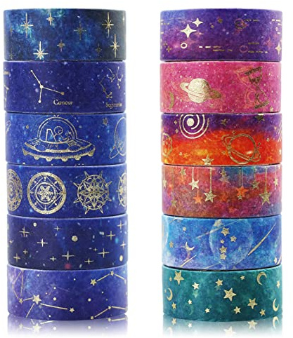 Lot de 12 rouleaux de ruban adhésif washi violet galaxie - Ruban de masquage décoratif - Pastel - Pour scrapbooking, papier doré esthétique - Pour le bricolage, l'artisanat,