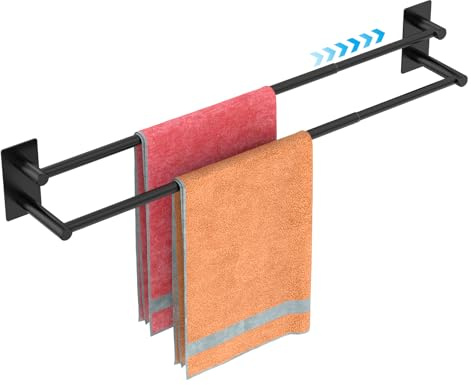 Double Porte-Serviettes Autocollant pour Salle de Bain, Montage Mural Extensible 40-75cm, Acier Inoxydable Brossé 304, pour Salle de Bain et Cuisine, Résistant à La Rouille et Aux Rayures - Noir