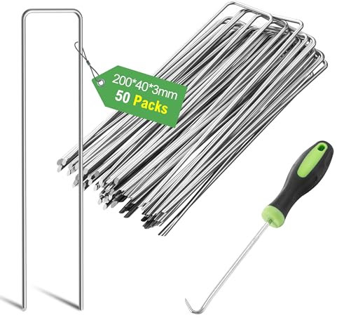 Graxury 50Packs 7.87Inch 11 Gauge Heavy Duty Garden Pins Stakes - Galvanized Steel Staples Securing Pegs for Securing Anchoring Weed Fabric Landscape,Netting and Tubing with 1 Pick Hook