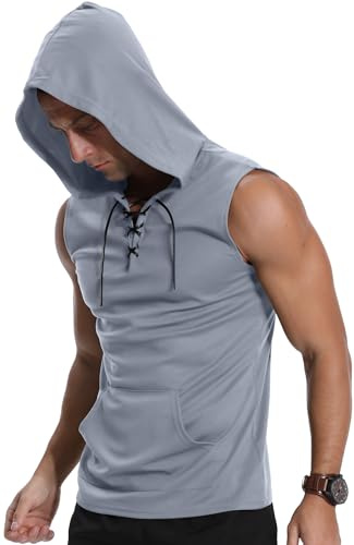 KUYIGO Felpa da uomo senza maniche con cappuccio, canotta fitness, gilet sportivo, maglietta bodybuilding, Azzurro, S