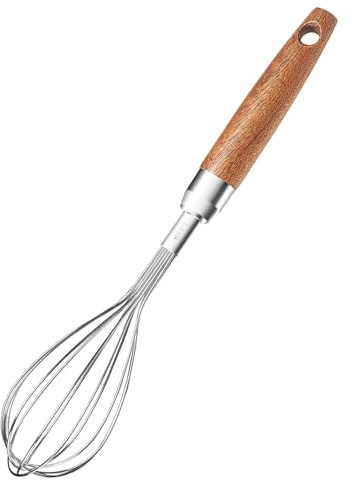 Stainless Steel Wire Whisk for Cooking- Wooden Handle Kitchen Multi Function Non Stick Balloon Whisk Egg Beater for Blending Whisking Beating Frothing Stirring Batters (9L x 1.8W)