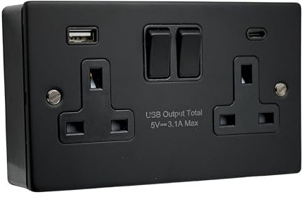 SH|P® 2 Gang 13A Switched Socket with USB A & C FastCharge (15W Total) – Matte Black Finish with 35mm Surface Pattress Box Included