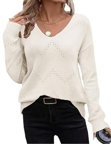 Zeagoo Strickpullover Damen Häkelpullover Langarm Hollow Out Strickpullover Elegant Langarmshirt V-Ausschnitt Herbst Winter Strickwaren Oberteile Beige S