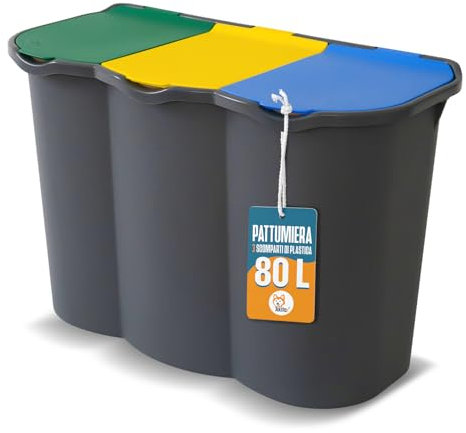 AKITAInk Pattumiera Differenziata - Predisposta per 3 Scomparti con Guide, AkitaOne Bidone Spazzatura 80L, Coperchi Colorati e Chiusura Ermetica per una Raccolta Intelligente e Igienica Made in Italy