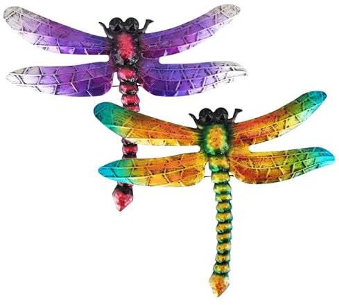 KASESSS 2 Pieces Iron Garden Fence Decorations, Dragonfly Garden Wall Art Outdoor, Fence Decorations Outdoor Colorful, GArden Wall Decorationss, Wall Art for Gardens for Livingroom Backyard Patio
