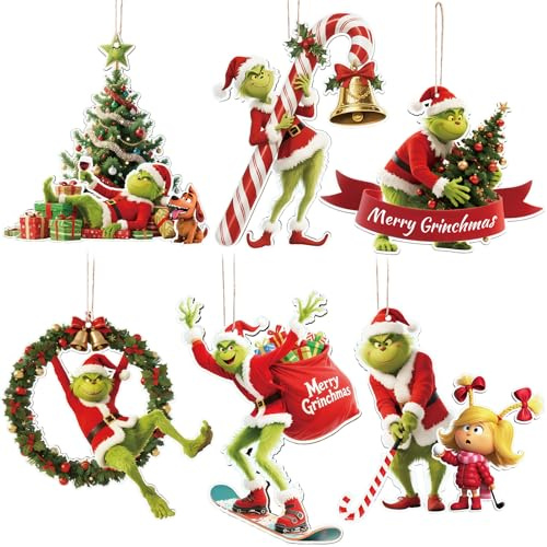 Joyoldelf Grinch Christmas Decorations - 6Pcs Christmas Ornaments Grinch Pendants for Hanging on Xmas Tree, Christmas Tree Decorations Indoor Home Party Gifts